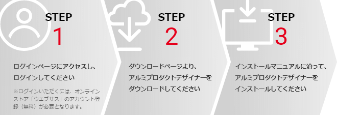 STEP1 ログインページにアクセスし、ログインしてください ※ログインいただくには、オンラインストア「ウェブサス」のアカウント登録（無料）が必要となります。STEP2 ダウンロードページより、アルミプロダクトデザイナーをダウンロードしてください STEP3 インストールマニュアルに沿って、アルミプロダクトデザイナーをインストールしてください